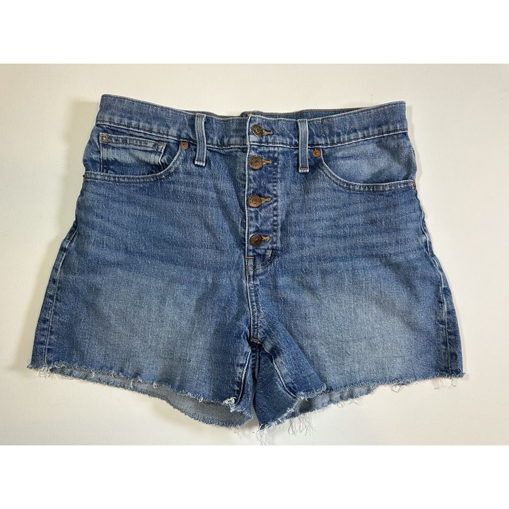 Madewell Women's 29 High Rise Denim Blue Button Fly Jean Shorts Cutoff Raw Hem